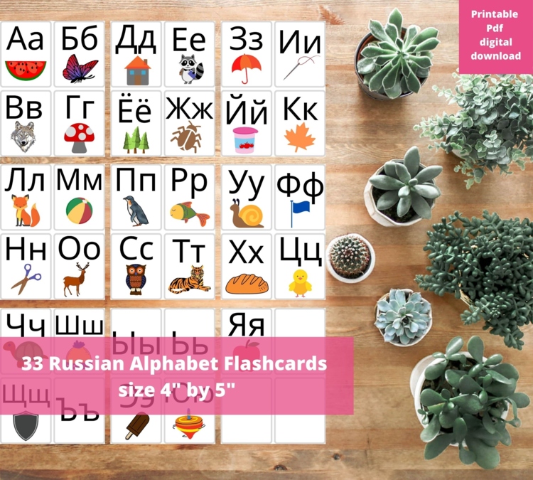 Russian Alphabet Flashcards with Colorful Pictures 33 Cards Rounded Corners