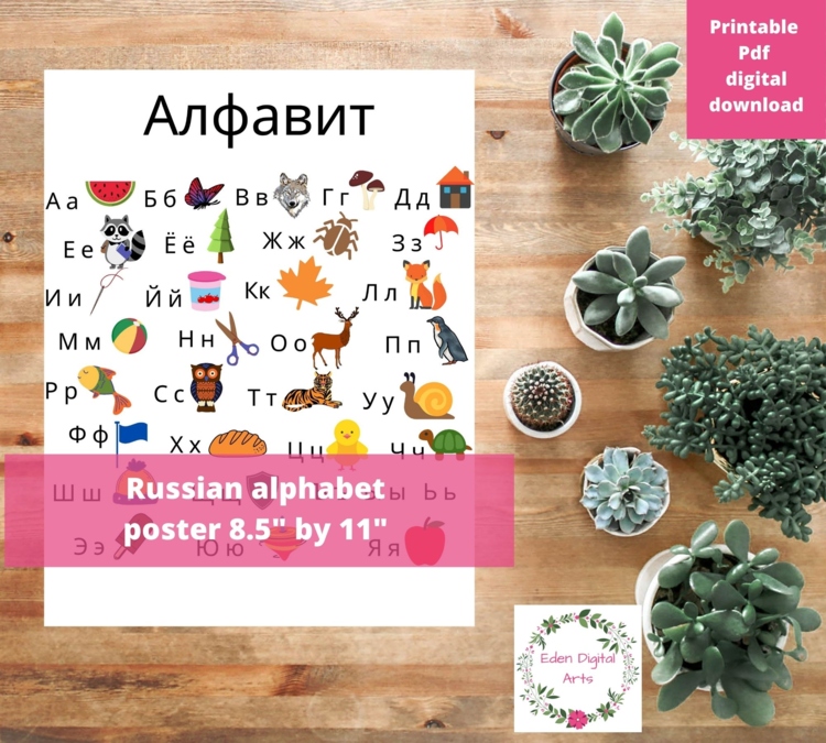 Russian Alphabet Poster for Kids Cyrillic Letters 8.5" by 11"