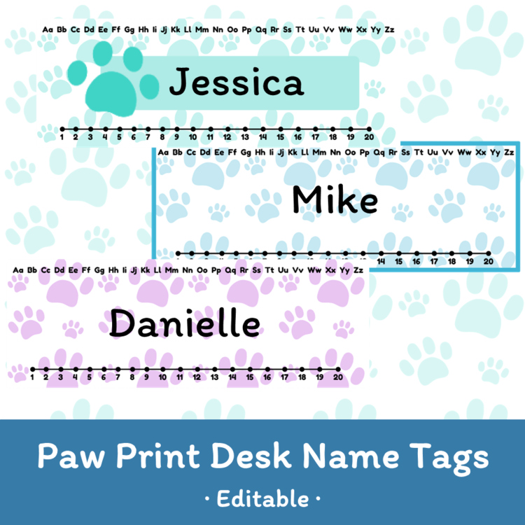 Editable Paw Print Desk Name Tags with Alphabet & Number Line