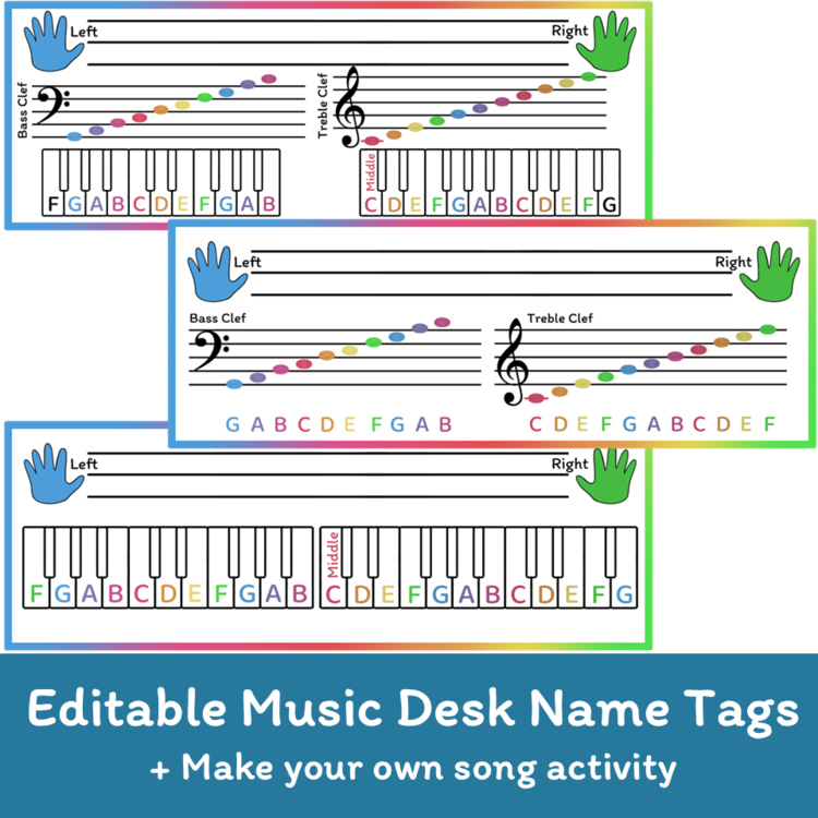 Editable Music Desk Name Tags | Treble & Bass Clef + Piano Notes