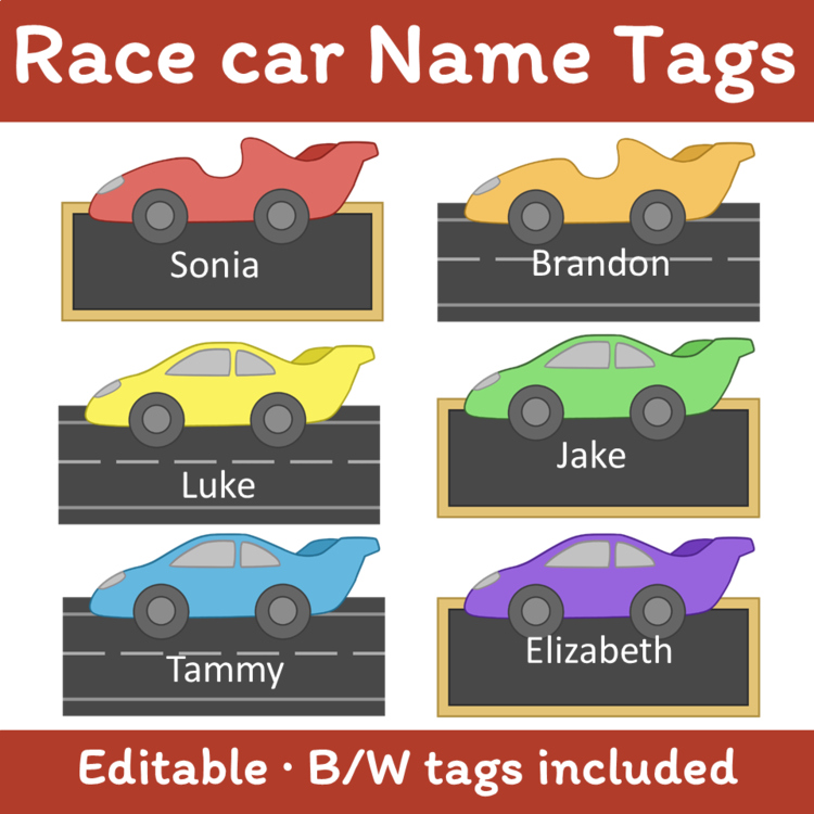 Editable Race Car Student Name Tags Desk Plates Labels Cubby Locker