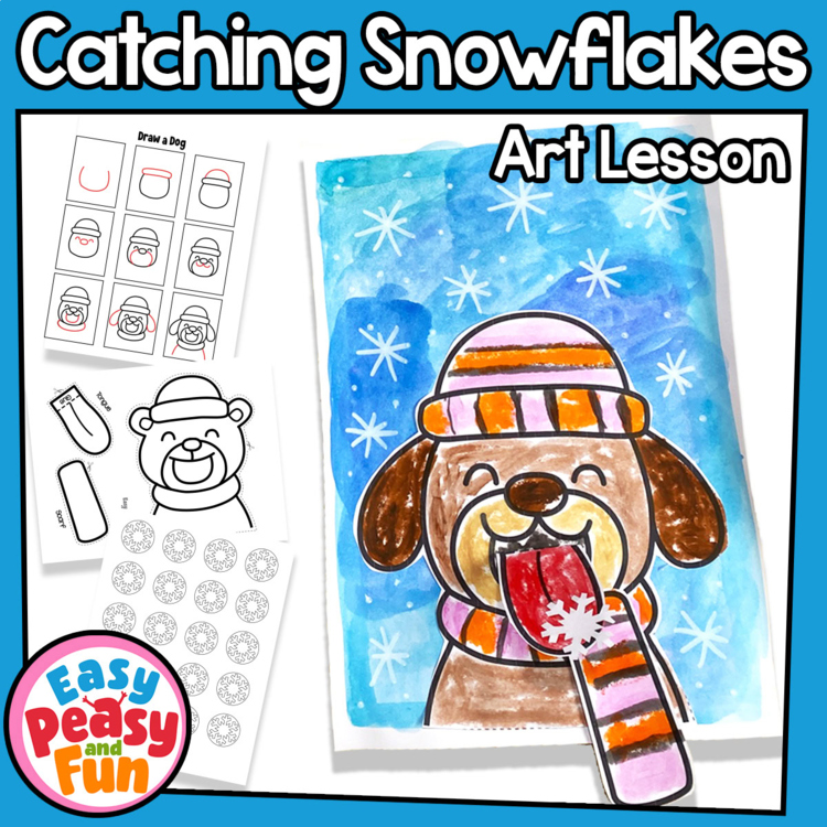 Catching Snowflakes Winter Art Lesson Dog, Penguin, Bear and more Winter Crafts