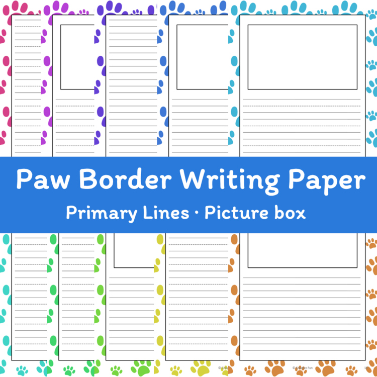 Pet Paw Print Border Writing Paper | includes picture boxes and primary lines