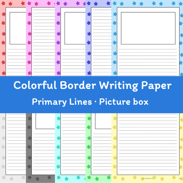 Star Color Border Writing Paper | includes picture boxes and primary lines