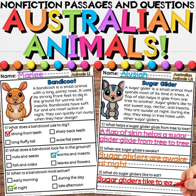 Australian Animals Reading Comprehension Passages - Informational Non-fiction