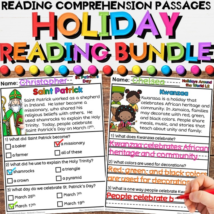 Holiday Reading Comprehension Bundle - Passages & Questions Year Long Activities