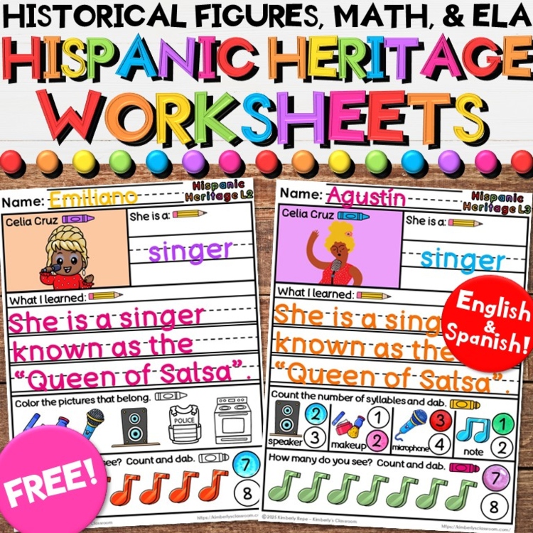 Hispanic Heritage Month Worksheets - Leader in History Activities Sample FREEBIE