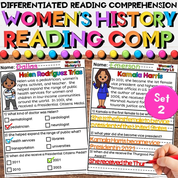 Women's History Reading Comprehension Differentiated Worksheet Activities Set 2