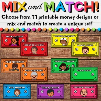 Printable Hispanic Heritage Figures Money Sheets & Coins for a Classroom Economy, image 4