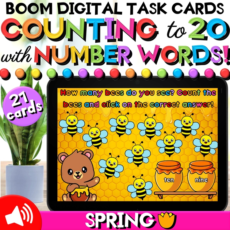 Counting Objects up to 20 and Matching Number Names Spring Bees Math Boom Cards™