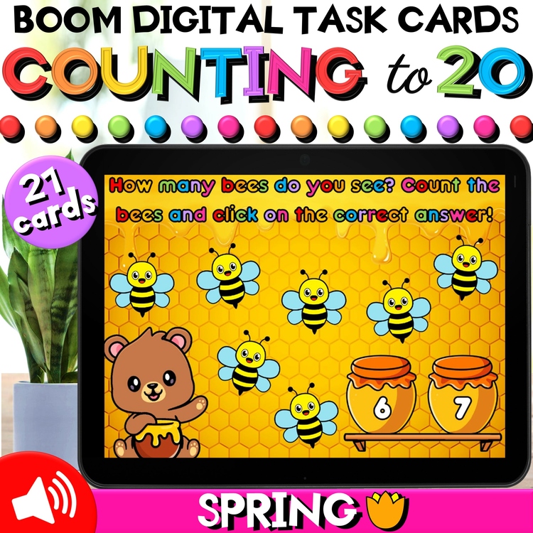 Counting Objects up to 20 Spring Bees Math Boom Cards™ for 1 to 1 Correspondence