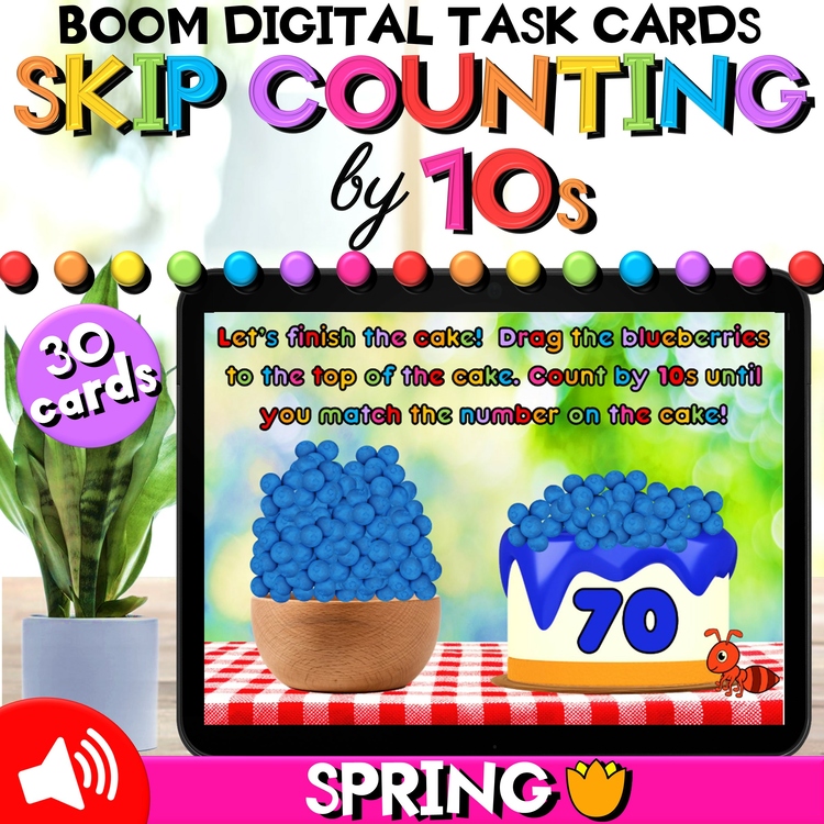Skip Counting by 10s to 300 Spring Math Boom Cards™ for 1st Grade & 2nd Grade