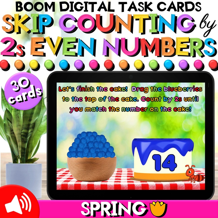 Skip Counting by 2s to 60 Spring Math Boom Cards™ for Learning Even Numbers