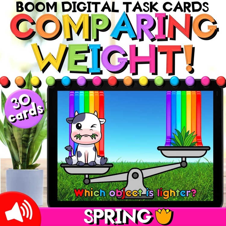 Measurement: Lighter Objects - Spring Math Boom Cards™ for Comparing Weights