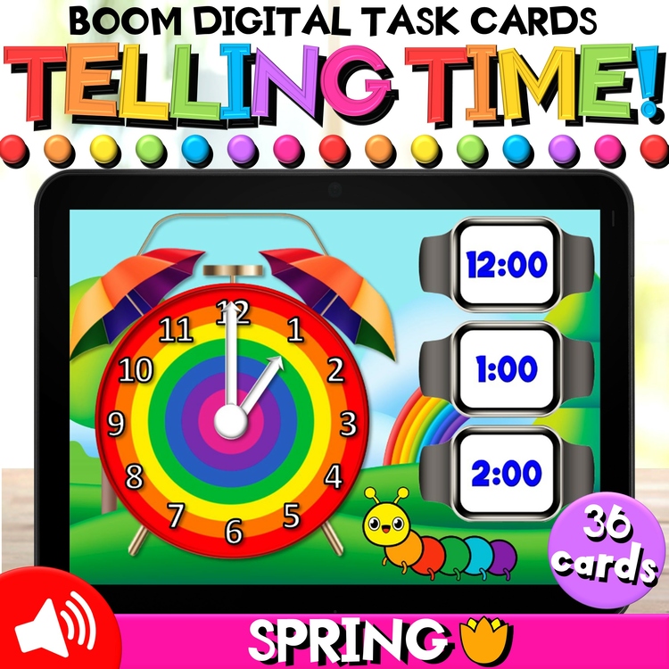 Telling Time to the Hour, Quarter & Half Hour Spring Boom Cards™ Analog, Digital