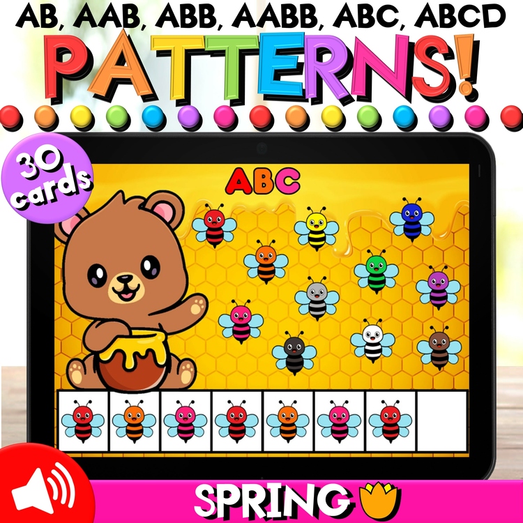 Completing Patterns Spring Bees Math Boom Cards™ for Kindergarten and 1st Grade