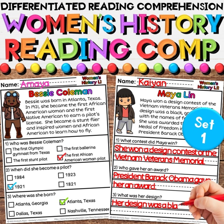 Women's History Reading Comprehension Differentiated Worksheet Activities Set 1