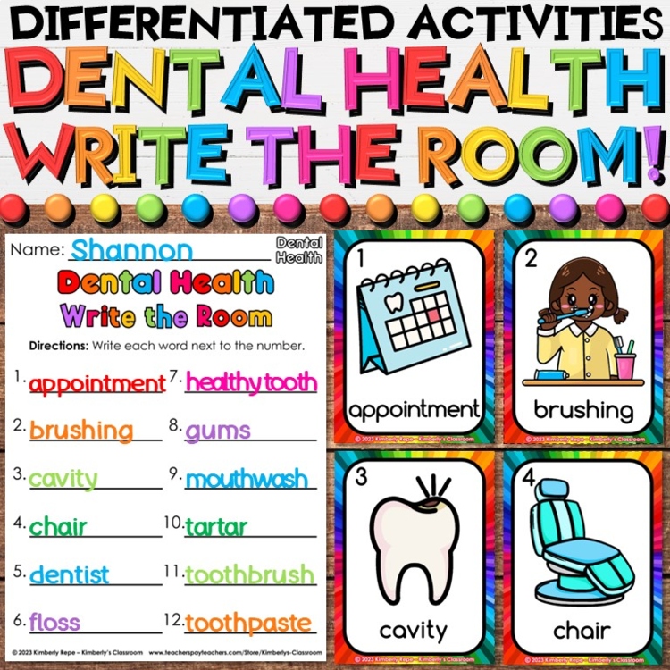 Dental Health Write the Room Vocabulary Activities for February Literacy Centers