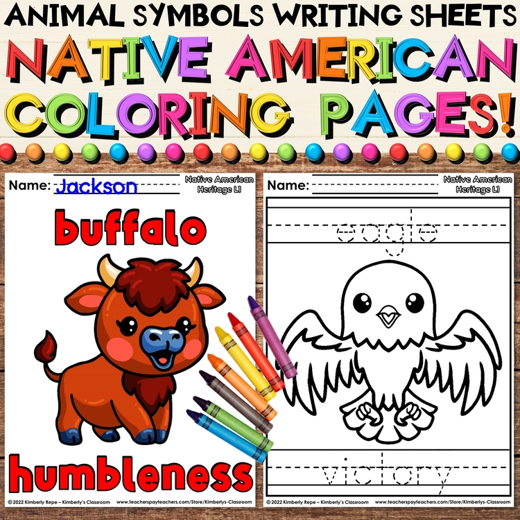 Native American Coloring Pages & Writing Activities about Animal Symbols