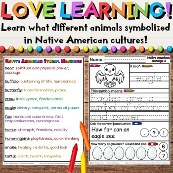 Native American Heritage Worksheet Activities Animal Symbols, Math, & Literacy, image 2