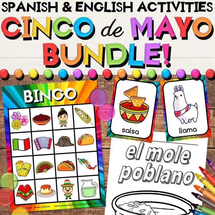 Cinco de Mayo Growing Bundle - English & Spanish Activities, Bingo, Coloring