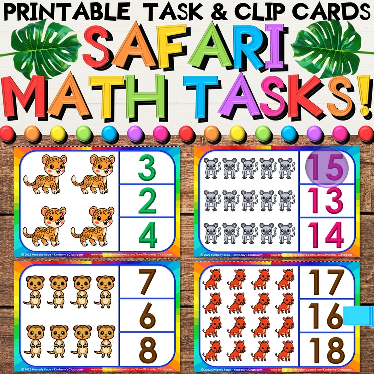 Safari Math Task Cards & Summer Animal Clip Cards for Counting Objects to 20