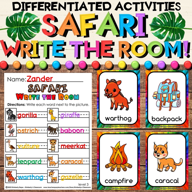 Safari Write the Room - African Animals Vocabulary Cards & Recording Sheets