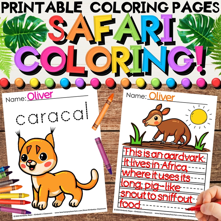 Safari & African Animals Summer Coloring - Vocabulary, Tracing, Writing, Drawing