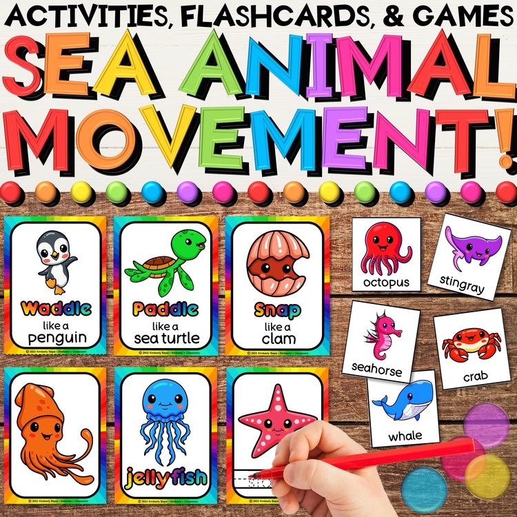 Sea Animals Movement Cards for Summer Brain Breaks with Ocean Vocabulary
