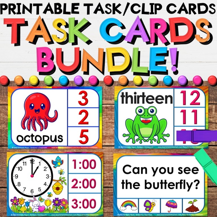Task & Clip Card Growing Bundle - Beginning Sounds, Reading, Counting, Addition