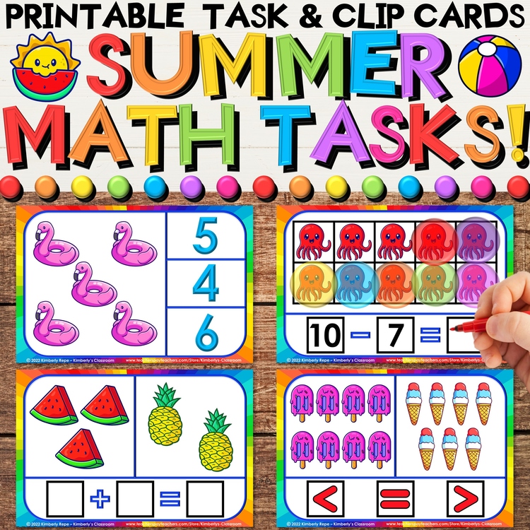 Summer Math Task Cards for Beach Addition, Subtraction, Ten Frames, & Counting