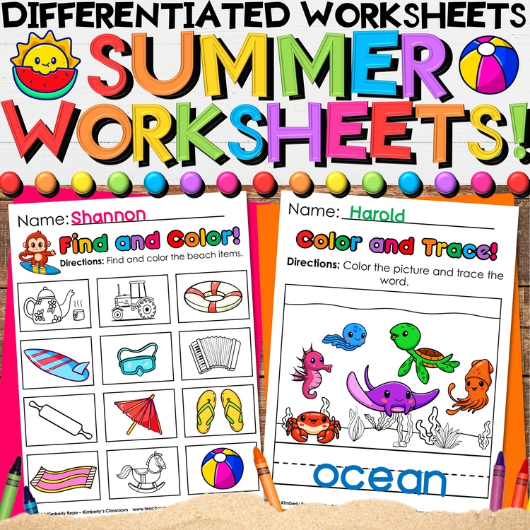 Summer & End of Year Review Worksheets with Math & Writing Practice Activities