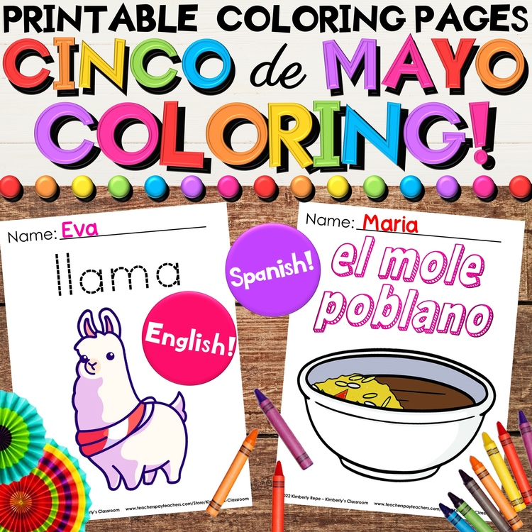 Cinco de Mayo Coloring Pages - English & Spanish Vocabulary Activities