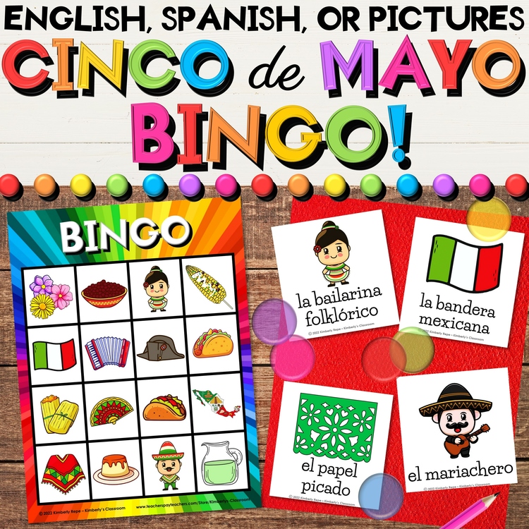Cinco de Mayo Fiesta Bingo Game Activities - Spanish & English Vocabulary