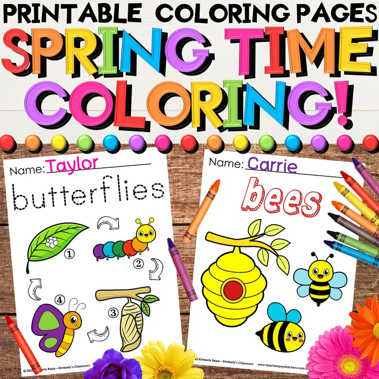 Spring Coloring Vocabulary Sheets with Tracing, Writing, Drawing, & Life Cycles