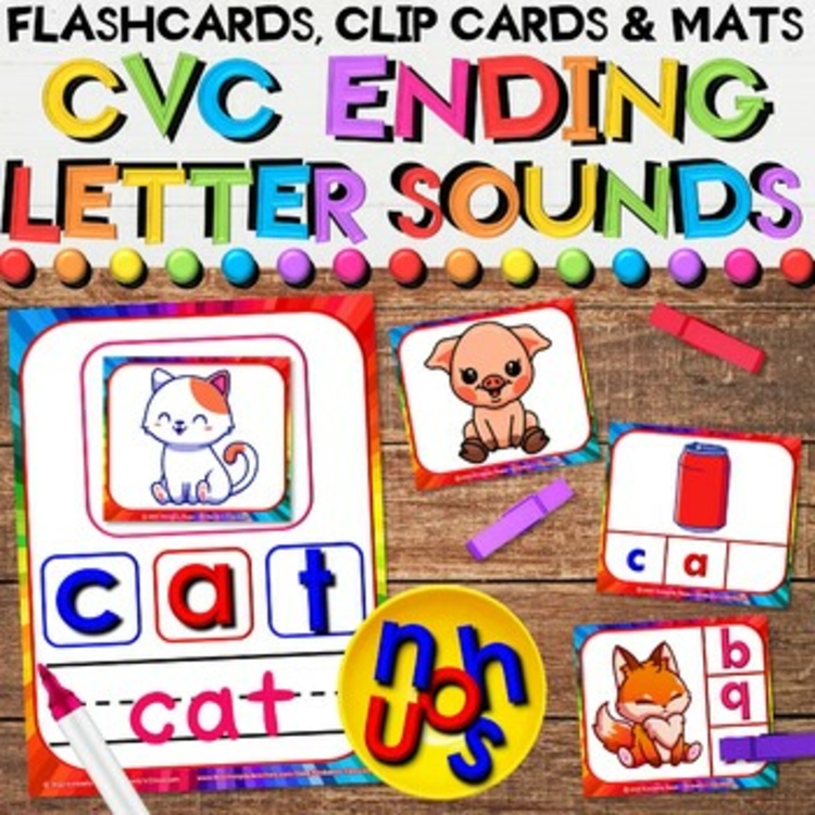CVC Ending Letter Sounds Year Long Bundle with Clip Cards & Play Mat Activities