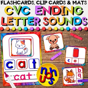 CVC Ending Letter Sounds Year Long Bundle with Clip Cards & Play Mat Activities, image 2
