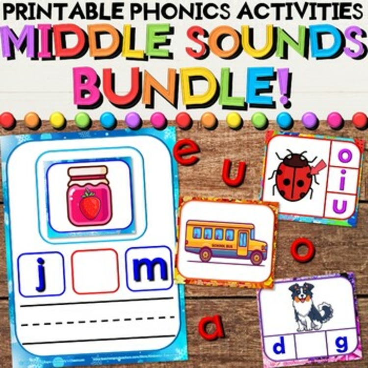 CVC Middle Letter Sounds Year Long Bundle with Clip Cards, & Play Mat Activities