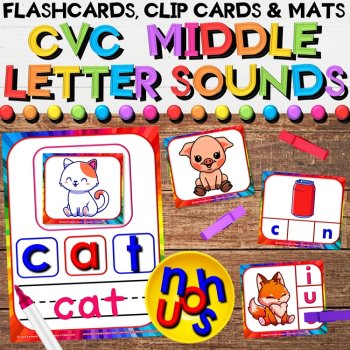 CVC Middle Letter Sounds Year Long Bundle with Clip Cards, & Play Mat Activities, image 2