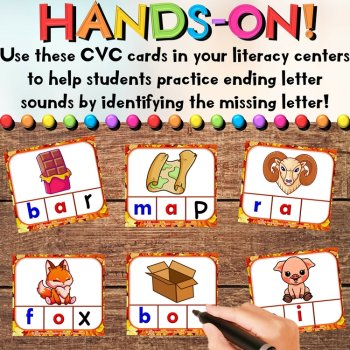 Fall CVC Ending Letter Sounds Phonics Center - Task Cards & Writing Activities, image 3