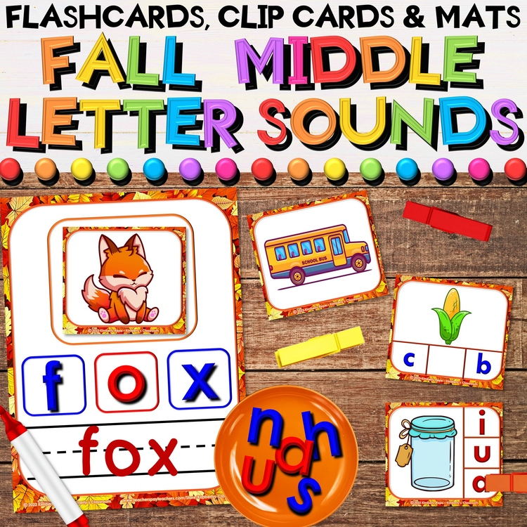 Fall CVC Middle Letter Sounds Phonics Center - Task Cards & Writing Activities