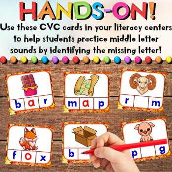 Fall CVC Middle Letter Sounds Phonics Center - Task Cards & Writing Activities, image 3
