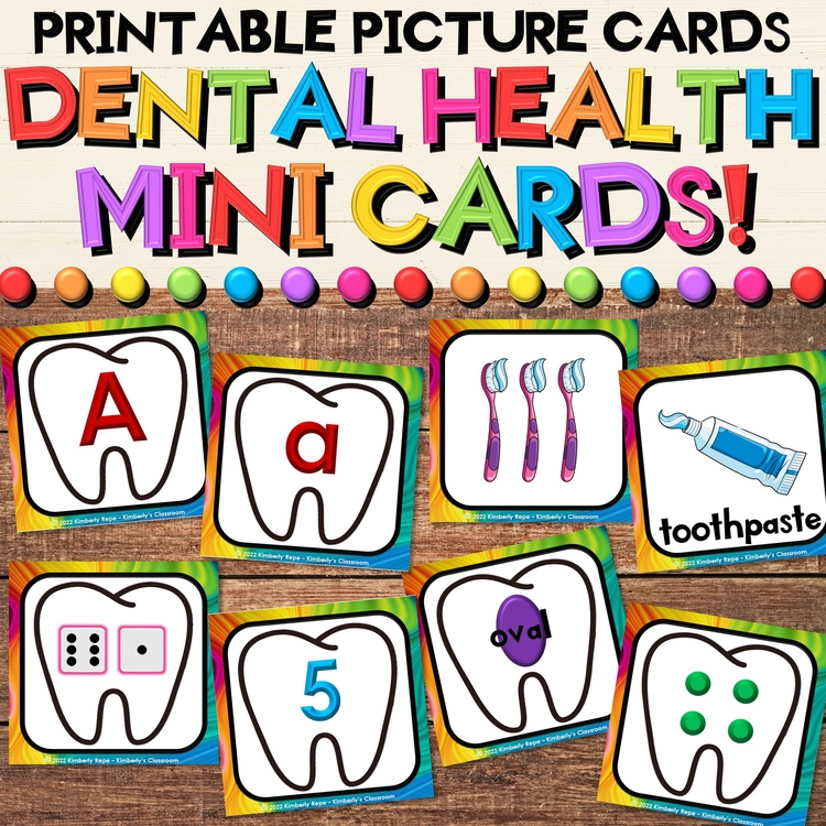 Dental Health Math & Literacy Mini Picture Cards and Vocabulary Flash Cards