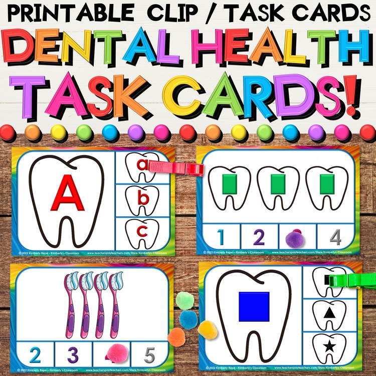Dental Health Math & Literacy Task Cards - Hygiene, Alphabet & Shapes Clip Cards