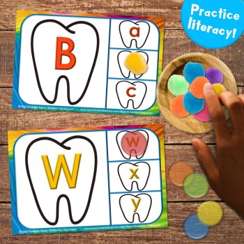 Dental Health Math & Literacy Task Cards - Hygiene, Alphabet & Shapes Clip Cards, image 2