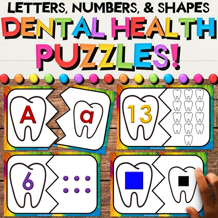 Dental Health & Hygiene Math & Literacy Puzzles with Alphabet & Shape Activities