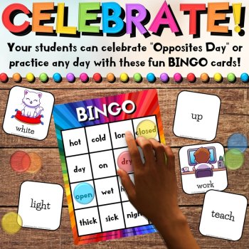 Opposites Day Bingo Game - Differentiated Antonyms Vocabulary Activities, image 3