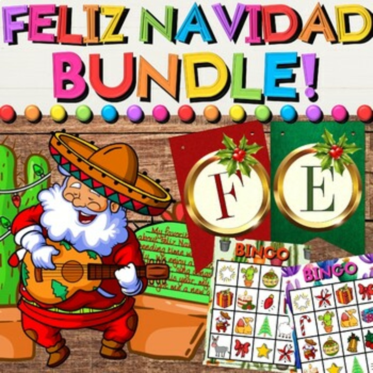 Feliz Navidad Growing Bundle - Banners, Bulletin Board, Bingo, & Coloring Pages
