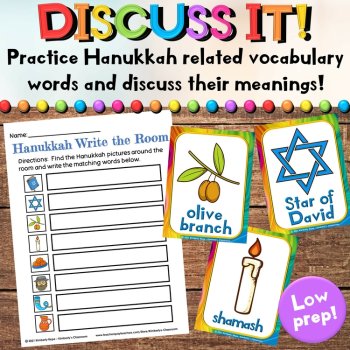 Hanukkah / Chanukah Write the Room Cards & Vocabulary Writing Worksheets, image 2