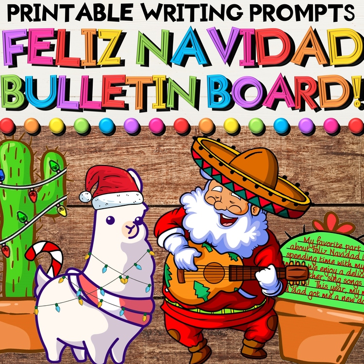 Feliz Navidad Bulletin Board & Door Decorations with Christmas Writing Crafts